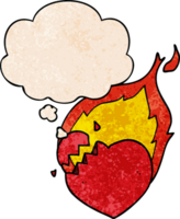 cartoon flaming heart with thought bubble in grunge texture style png