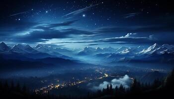 ai generado majestuoso montaña pico siluetas en tranquilo noche, debajo estrellado cielo generado por ai foto