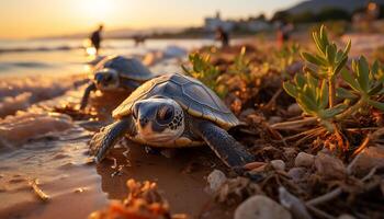 ai generado Tortuga gateando en arena, disfrutando puesta de sol por el mar generado por ai foto