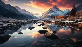 ai generado majestuoso montaña pico refleja tranquilo puesta de sol terminado Nevado paisaje generado por ai foto