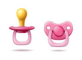3d realistic vector icon illustration set. Pink cute baby girl pacifier in side and front view. Isolated on white.