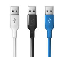 3d realistic vector icon. Set of white, black and blue USB cabel mock ups. Isolated on white background.