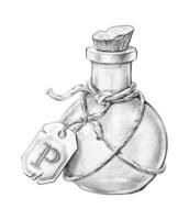 Hand drawn vintage poison bottle of poison, magic bottle. vector
