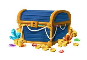 Vector cartoon style icon illustration. Pirate treasure chest open with gold coins and gems.