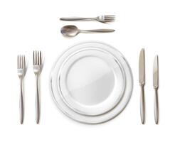 Table setting. Dinner table with cutlery, forks, knife and spoon with white plates. 3d realistic vector illustration.