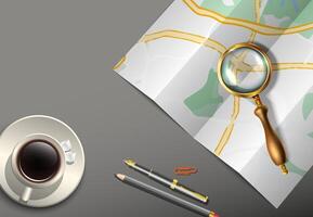 Realistic background. Travel banner with map and magnifying glass. vector