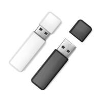 3d realistic vector icon set. White and black usb flash drive.
