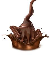 3d realistic vector icon. Chocolate splash with liquind and choco bar. Isolated.