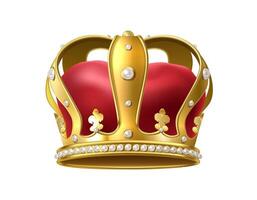 3d realistic vector icon. Royal golden king crown, royal coronation monarchy with red velvet and pearls. Isolated on white background.