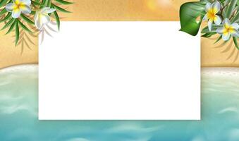 3d realistic vector illustration. Summer background. Beach sand with sea and copy space for menu banner or flyer ad.