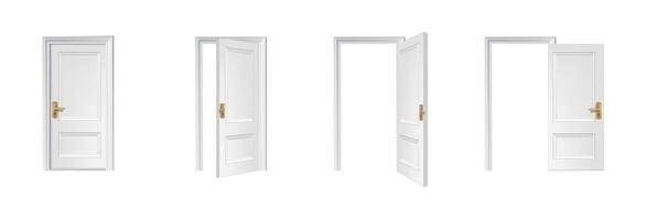 3d realistic vector icon illustration. White wooden door opened and closed.