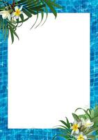 3d realistic vector illustration. Summer banner with copy space and pool frame with flowers.