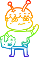 rainbow gradient line drawing of a friendly cartoon spaceman waving png