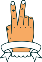 Retro Tattoo Style victory v hand gesture with banner png