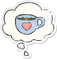 yo amor café dibujos animados taza con pensamiento burbuja como un afligido desgastado pegatina png
