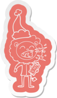 quirky cartoon  sticker of a roaring lion doctor wearing santa hat png