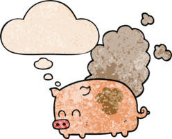 cartoon smelly pig and thought bubble in grunge texture pattern style png