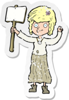 retro distressed sticker of a cartoon hippie girl with protest sign png