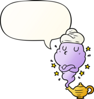 cute cartoon genie rising out of lamp and speech bubble in smooth gradient style png