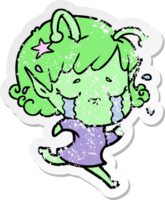 distressed sticker of a cartoon crying alien girl png