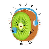 Kiwi fruit listens to music on headphones with a smartphone. Vector hand drawn cartoon kawaii character illustration icon. Isolated on white background. Kiwi fruit character concept