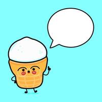 hielo crema con habla burbuja. vector mano dibujado dibujos animados kawaii personaje ilustración icono. aislado en azul antecedentes. hielo crema personaje concepto