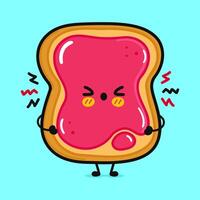Angry Toast piece of bread with jam character. Vector hand drawn cartoon kawaii character illustration icon. Isolated on blue background. Sad Toast slice of bread with jam character concept