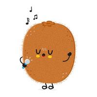 kiwi Fruta canta dentro un micrófono personaje. vector mano dibujado dibujos animados kawaii personaje ilustración icono. aislado en blanco antecedentes. kiwi Fruta personaje concepto