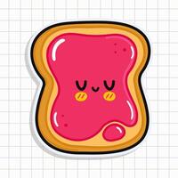 Cute funny Toast piece of bread with jam sticker. Vector hand drawn cartoon kawaii character illustration icon. Isolated on background Toast piece of bread with jam card character concept