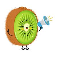 Kiwi fruit with loudspeaker character. Vector hand drawn cartoon kawaii character illustration icon. Isolated on white background. Kiwi fruit screams character concept