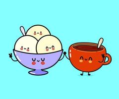 Cute, funny happy cup of coffee and ice cream character. Vector hand drawn cartoon kawaii characters, illustration icon. Funny cartoon cup of coffee and ice cream friends concept