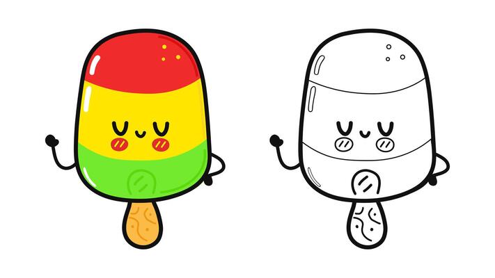 Funny cute happy Ice cream characters bundle set. Vector hand drawn cartoon kawaii character illustration icon. Cute Ice cream. Outline cartoon illustration for coloring book