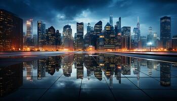 ai generado moderno paisaje urbano a noche, rascacielos reflejar en el frente al mar, esclarecedor ciudad vida generado por ai foto