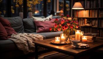 AI generated Cozy living room, candlelit ambiance, bookshelf, winter tree outside generated by AI photo