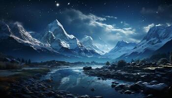 AI generated Tranquil scene majestic mountain peak reflects in serene water generated by AI photo