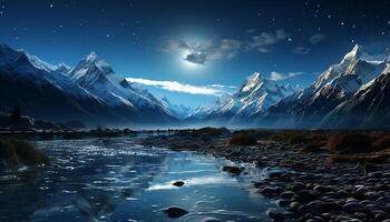 AI generated Majestic mountain peak reflects tranquil blue sky in winter generated by AI photo