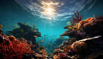 ai generado submarino arrecife pescado en naturaleza, coral animal abajo mar vida generado por ai foto