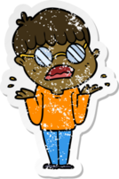 distressed sticker of a cartoon confused boy wearing spectacles png