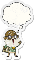 cartoon joyful man with beard and parcel under arm and thought bubble as a distressed worn sticker png