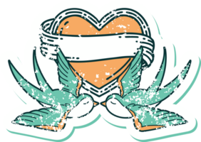 distressed sticker tattoo style icon of a swallows and a heart with banner png