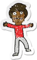 retro distressed sticker of a cartoon boy panicking png