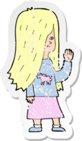 retro distressed sticker of a cartoon girl with pony shirt waving png