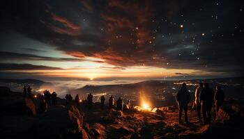 ai generado silueta de hombres excursionismo montaña pico a oscuridad, naturaleza belleza generado por ai foto