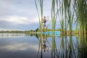 senior male paddler is paddling a stand up paddleboard on a calm lake in early spring, frog perspective from an action camera at water level photo