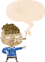 cartoon man smoking and speech bubble in retro textured style png
