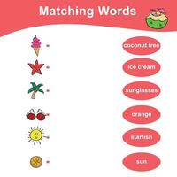 Matching words worksheet. Matching pictures with words activity. Kids educational game. Printable worksheet for preschool. Vector file.