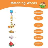 Matching words worksheet. Matching pictures with words activity. Kids educational game. Printable worksheet for preschool. Vector file.