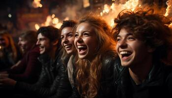 ai generado joven adultos disfrutando un despreocupado noche, sonriente y riendo juntos generado por ai foto