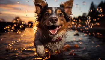 ai generado linda perrito jugando en el agua, disfrutando el verano puesta de sol generado por ai foto