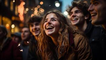 ai generado joven adultos disfrutando un alegre noche, sonriente y riendo juntos generado por ai foto